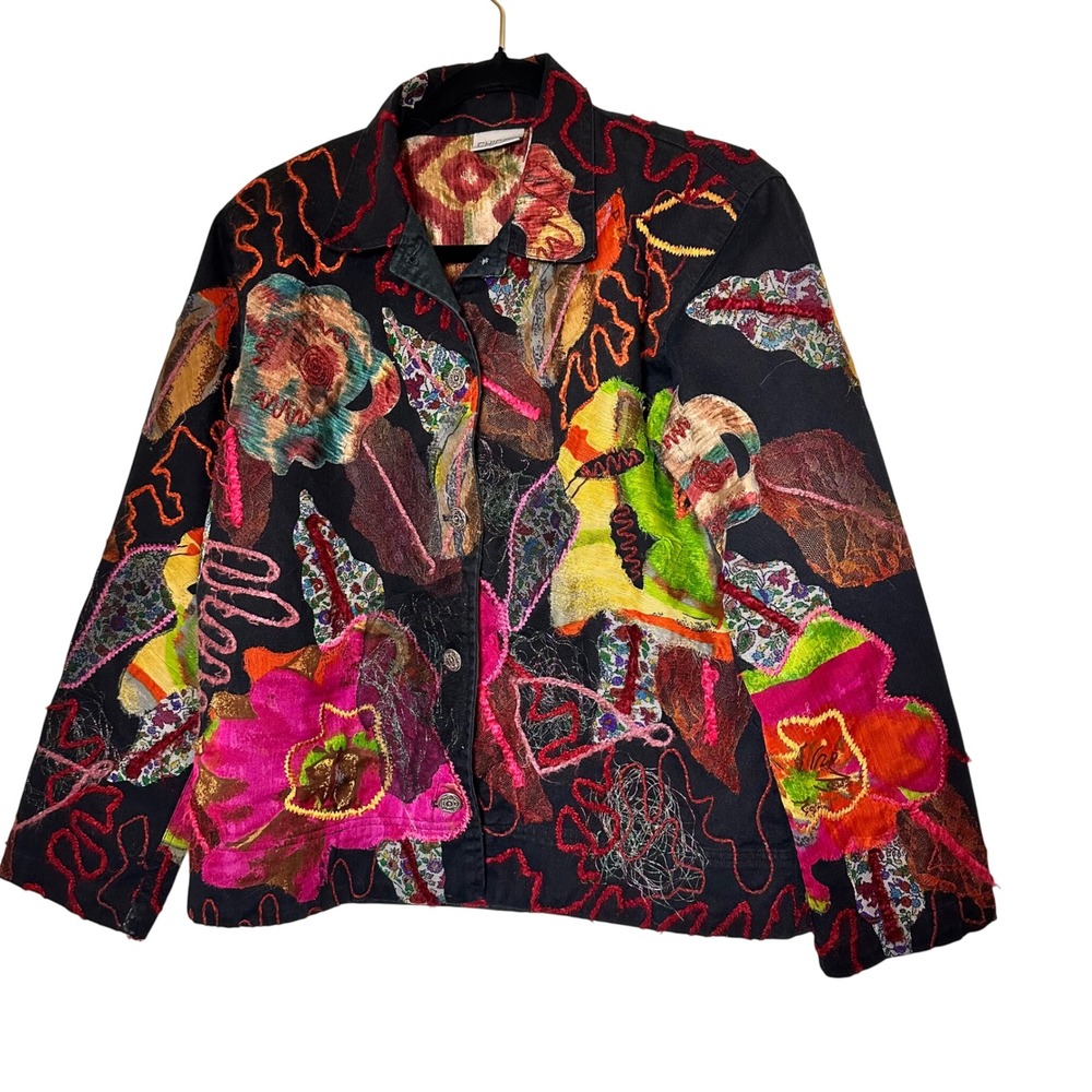 Chico's Women Size 1 Black Floral Applique Embroidered Art To Wear Jacket Cotton